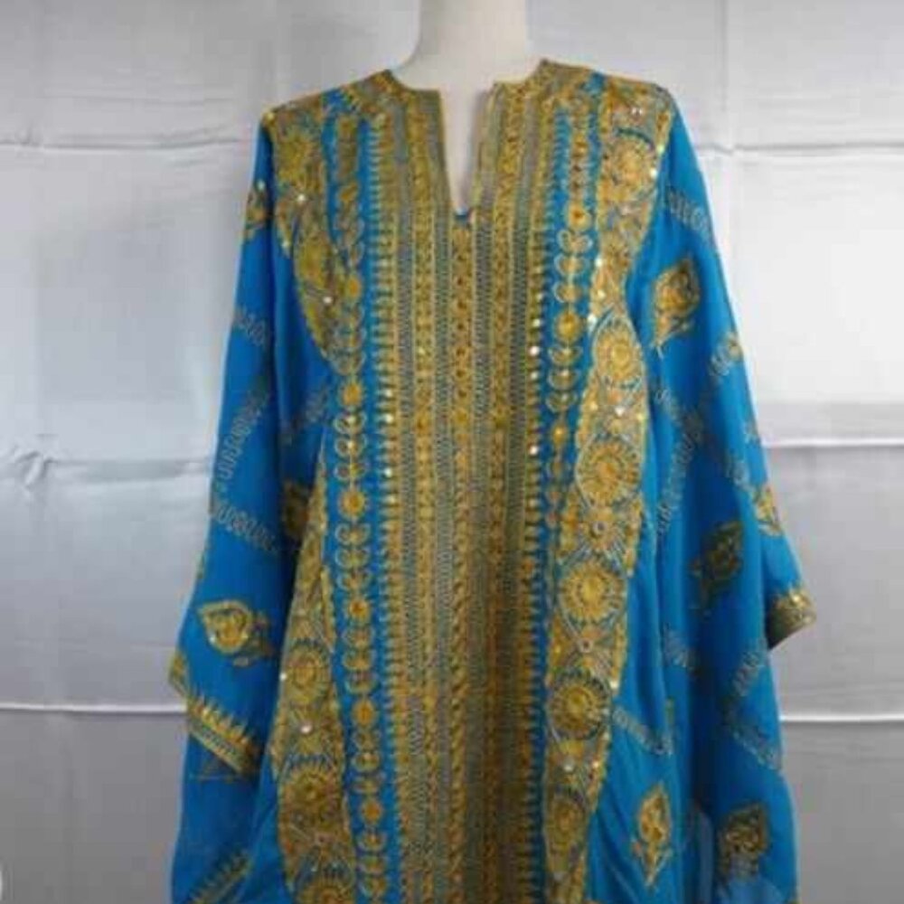 Blue & Gold Khaleeji Kaftan Thobe Robe Heavy Embroidery, Evening Wear